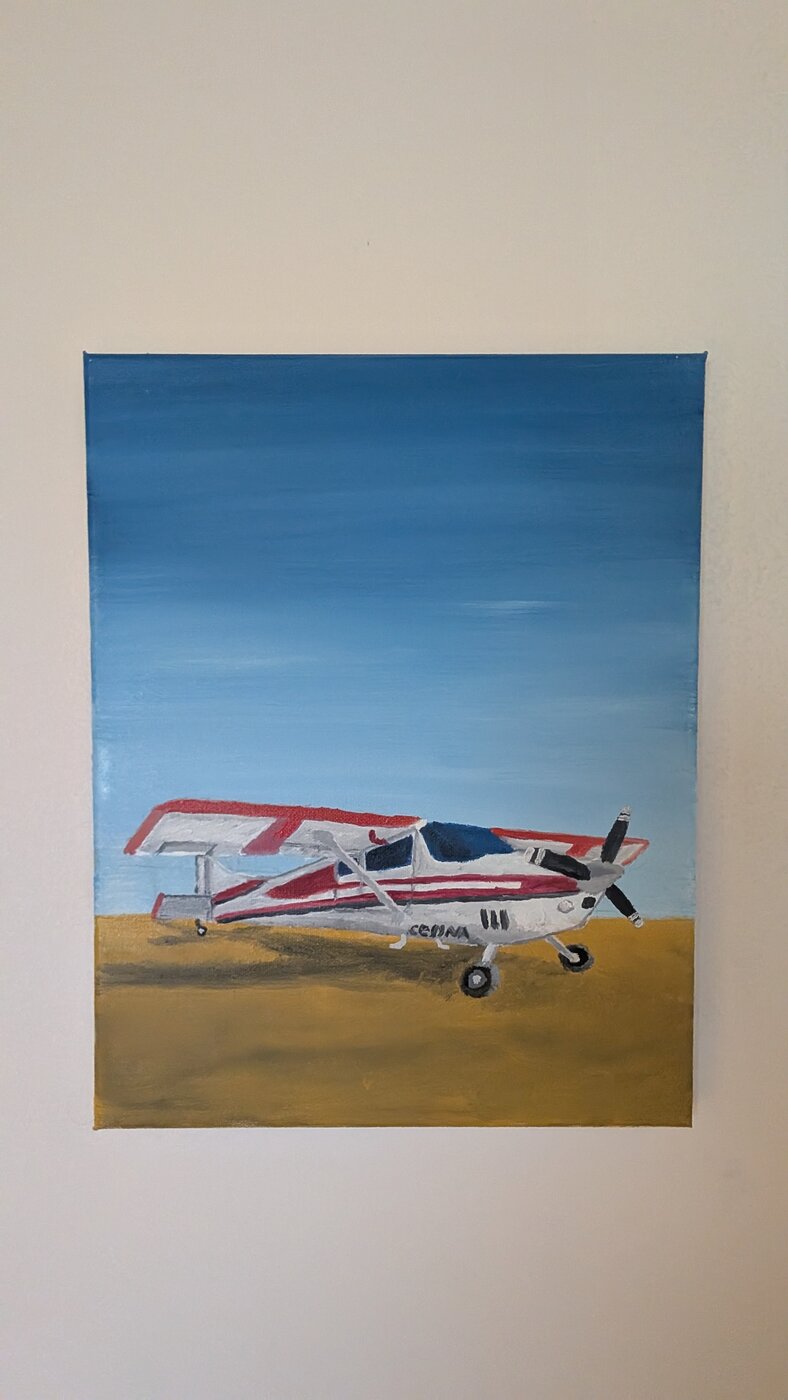 Acrylic painting by Romain of a red and white Cessna bush plane on a golden field under a blue sky