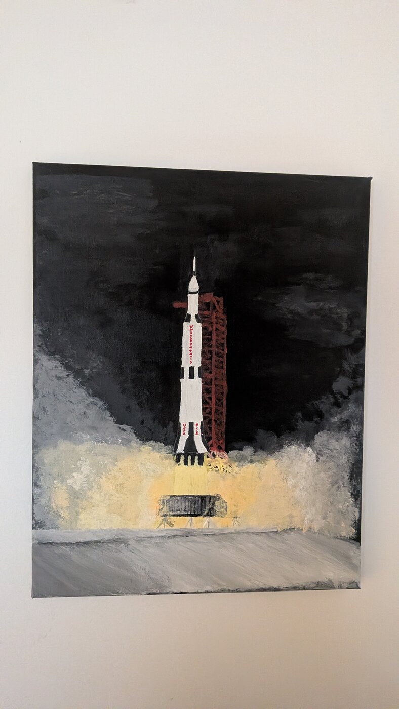 Acrylic painting by Romain of a Saturn V rocket lifting off at night in a cloud of illuminated exhaust