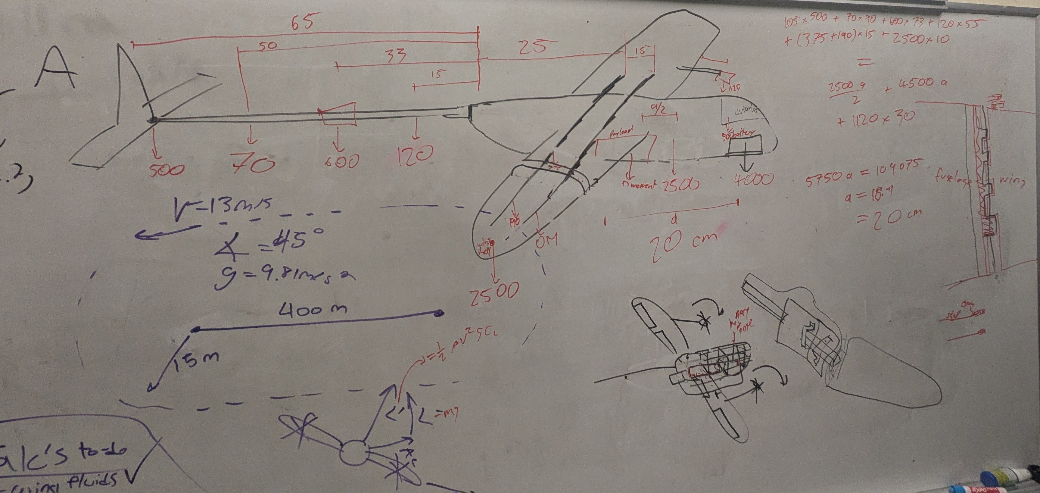 Whiteboard sketch of the full Tilt-Rotor aircraft with component weights, moment arms, and stability calculations